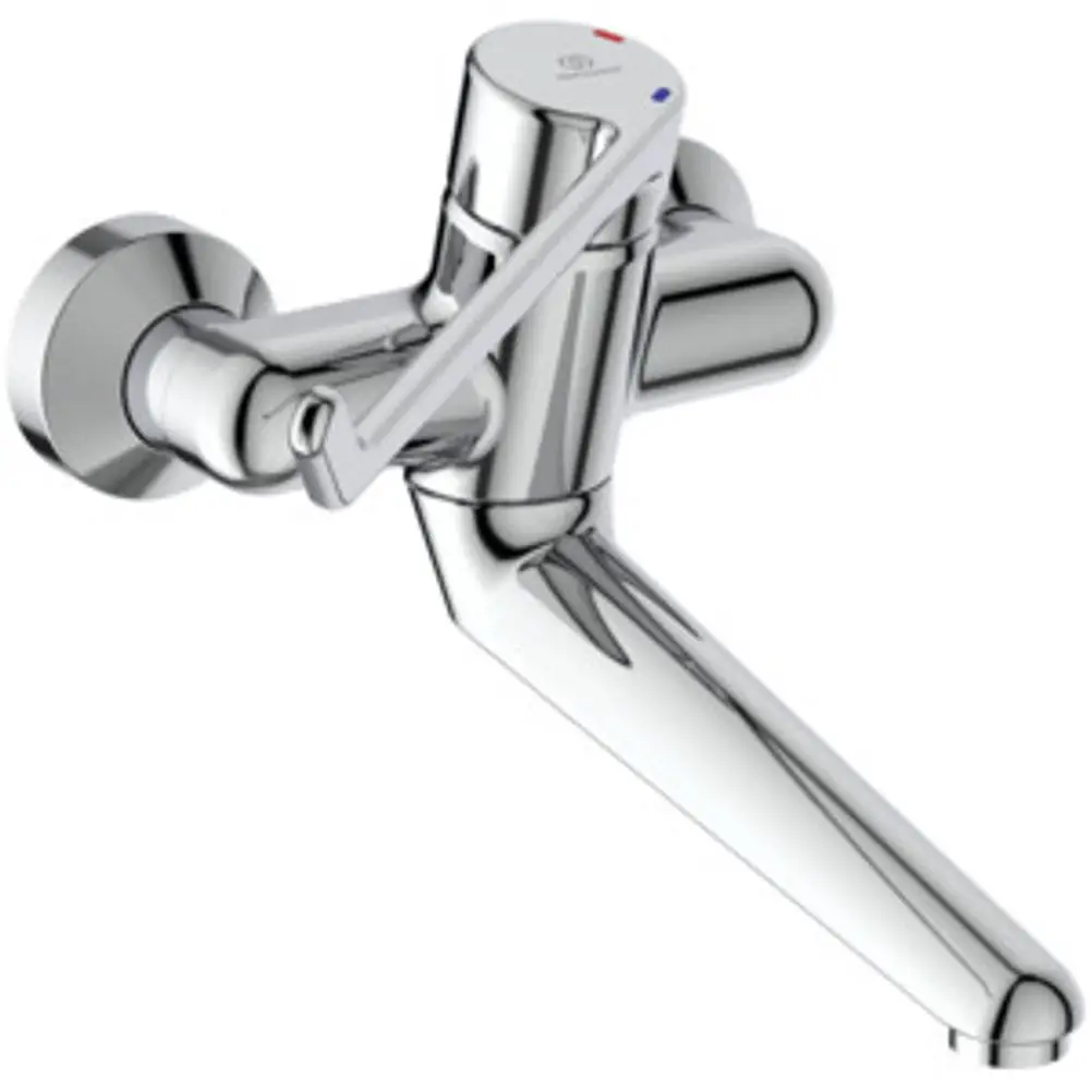 Ideal Standard Wasserhahn mit einer verchromten Oberfläche und einem Hebel zur Temperatur- und Wassermengenregulierung. Auslass zur Wasserabgabe in horizontaler Ausrichtung.